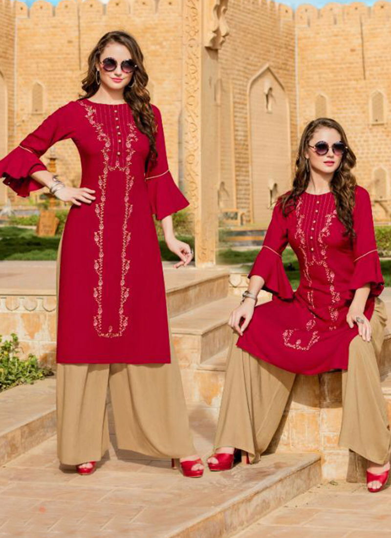 Meraki vol 4 heavy Reyon with Plazzo Embroidery Designer Kurtis Collections